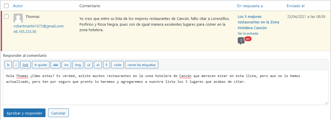 editando comentarios de wordpress
