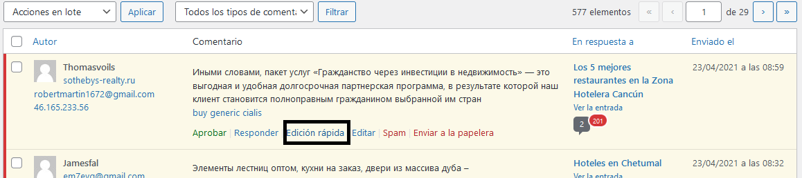 editando comentarios de wordpress