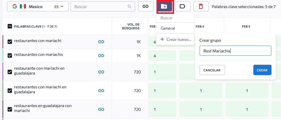 crear grupo de palabras claves