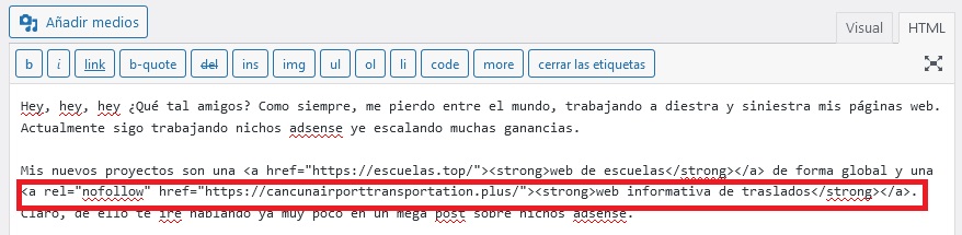 como poner enlaces nofollow en wordpress