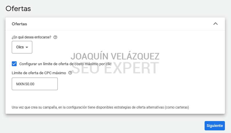 configurando objetivo y oferta de clics